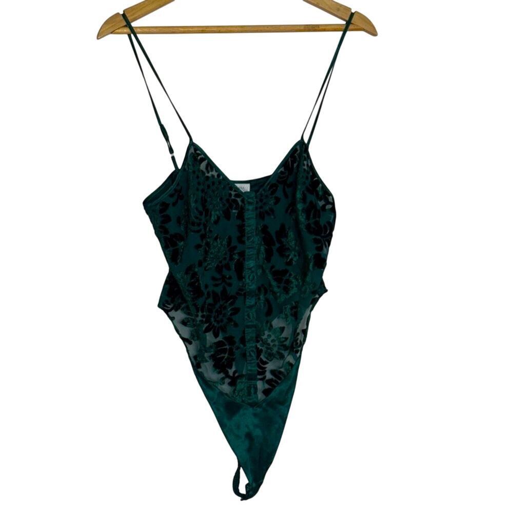 Cacique Floral Lace Teddy Lingerie Thong Bodysuit Hunter Green Size S